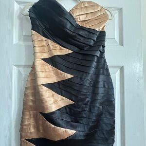 bebe Black and Gold Strapless Dress